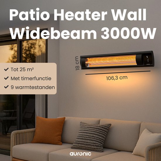 Auronic Terrasverwarmer - XL - Infrarood Verwarming - Elektrisch - 25m2 - 3000W - Afstandsbediening - 9 Standen - Zwart