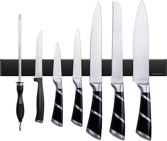 KitchenMonster® Messenmagneet Messenblok 40 cm - Magnetische Messenhouder Inclusief Zelfklevend Tape (3M) en Schroefbevestiging - Messenmagneetstrip RVS Zwart