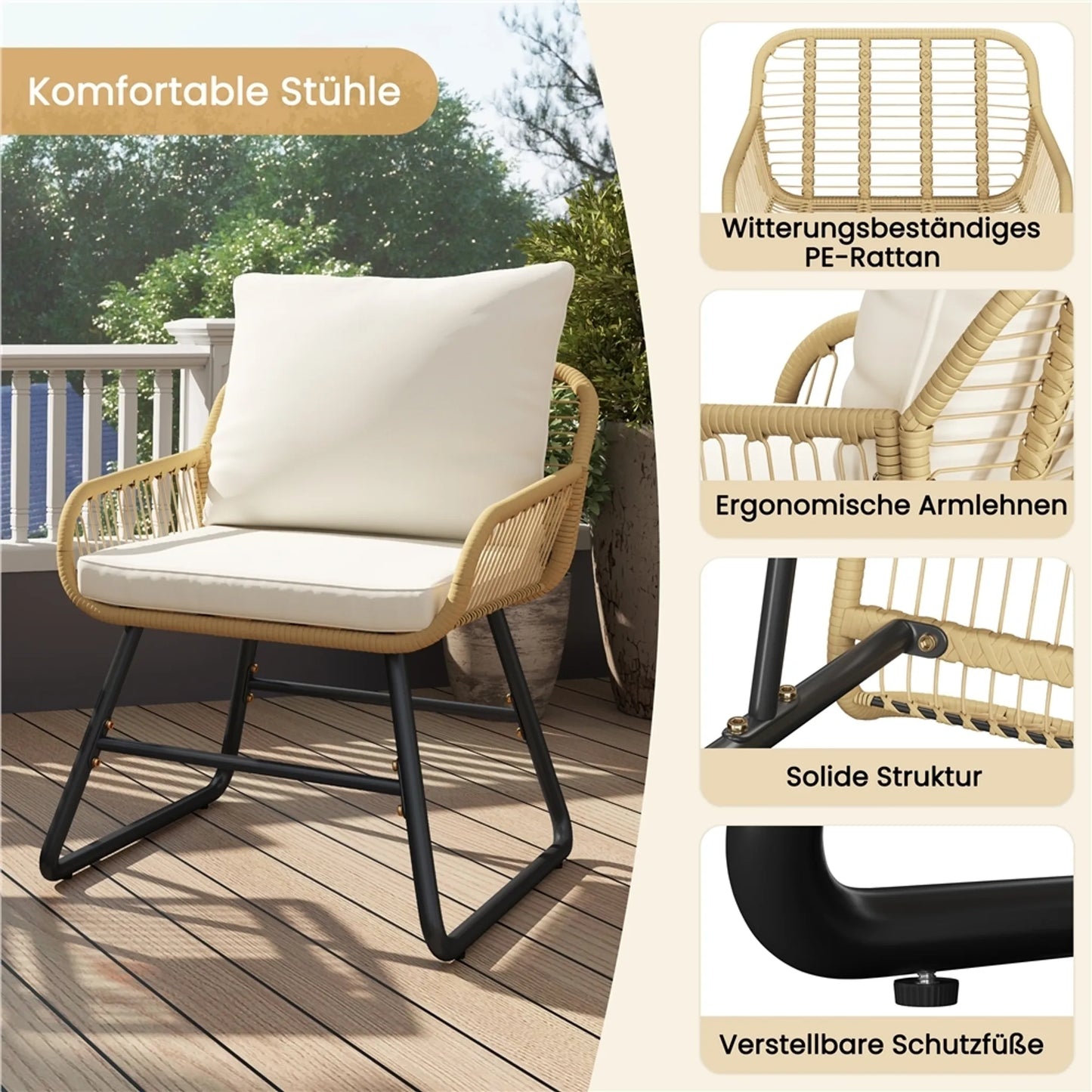 Yaheetech Bistroset Tuinset 3-Delig – 61 x 65 x 76 cm – Voorzien Van Handgeweven PE-Rattan En Glazen Tafelblad En Inclusief Zit- En Sierkussens – Voor Balkon En Terras – Lichtbruin En Metaal