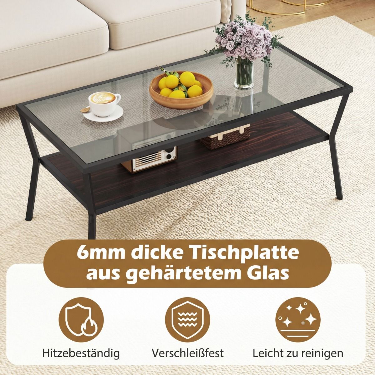 Coast Salontafel rechthoekig - gehard glazen blad - metalen onderstel - grijs en zwart