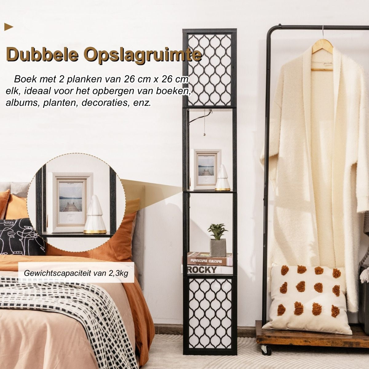 Coast Moderne Vloerlamp met Twee Lagen Houten Plank & Witte Lampenkap - 26 x 26 x 156 cm