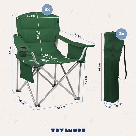 TRVLMORE Campingstoelen XL - Opvouwbaar - 2-Pack - 150KG Draagvermogen - Incl. Draagtas - Klapstoel - Visstoel - Kampeerstoel - Vouwstoel - Groen