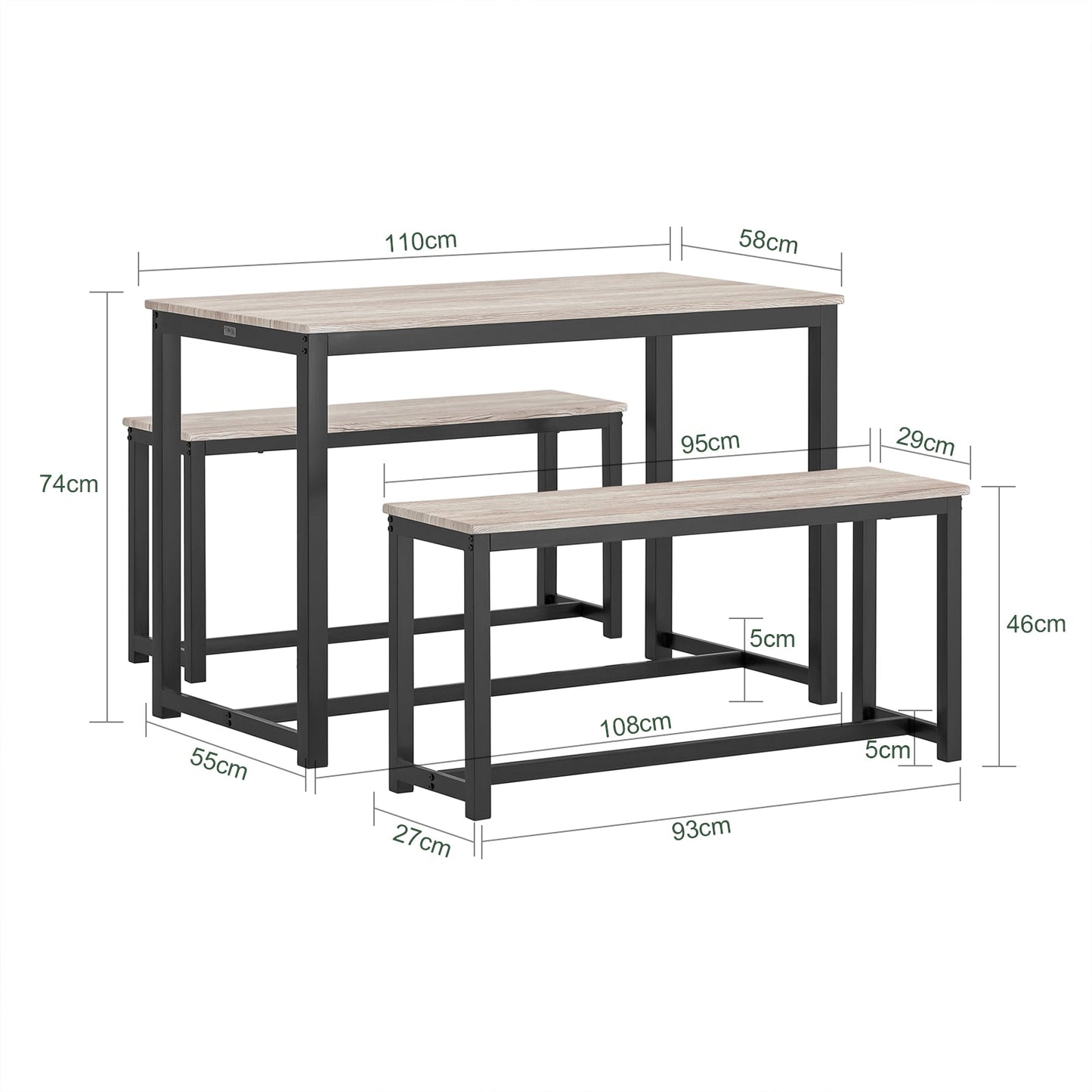 SoBuy 3-Delige Eettafelset OGT25-HN - 2 Banken 1 Eettafel - MDF met Metalen Poten - 110 x 74 x 58 cm - Natuur/Zwart