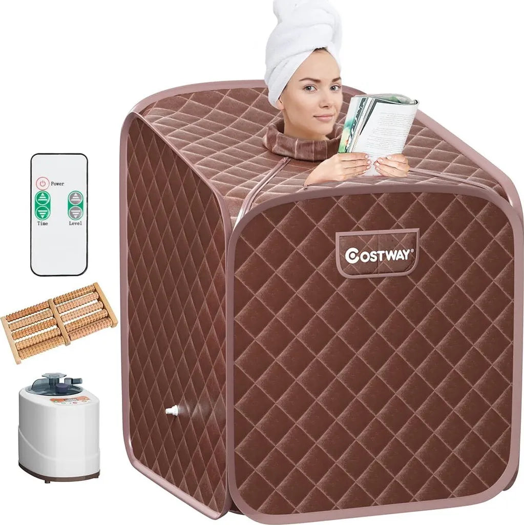 Coast Mini Stoomsauna 2 Liter - Opvouwbare Thuissauna met Afstandsbediening, Timer, 9 Temperatuurstanden en Stoel - Bruin