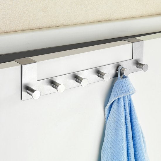 WENKO Deurkapstok Celano RVS, 39cm breed, met 6 haken - Hakenlijst - Deurgarderobe - Voor opdekdeuren 2cm dik