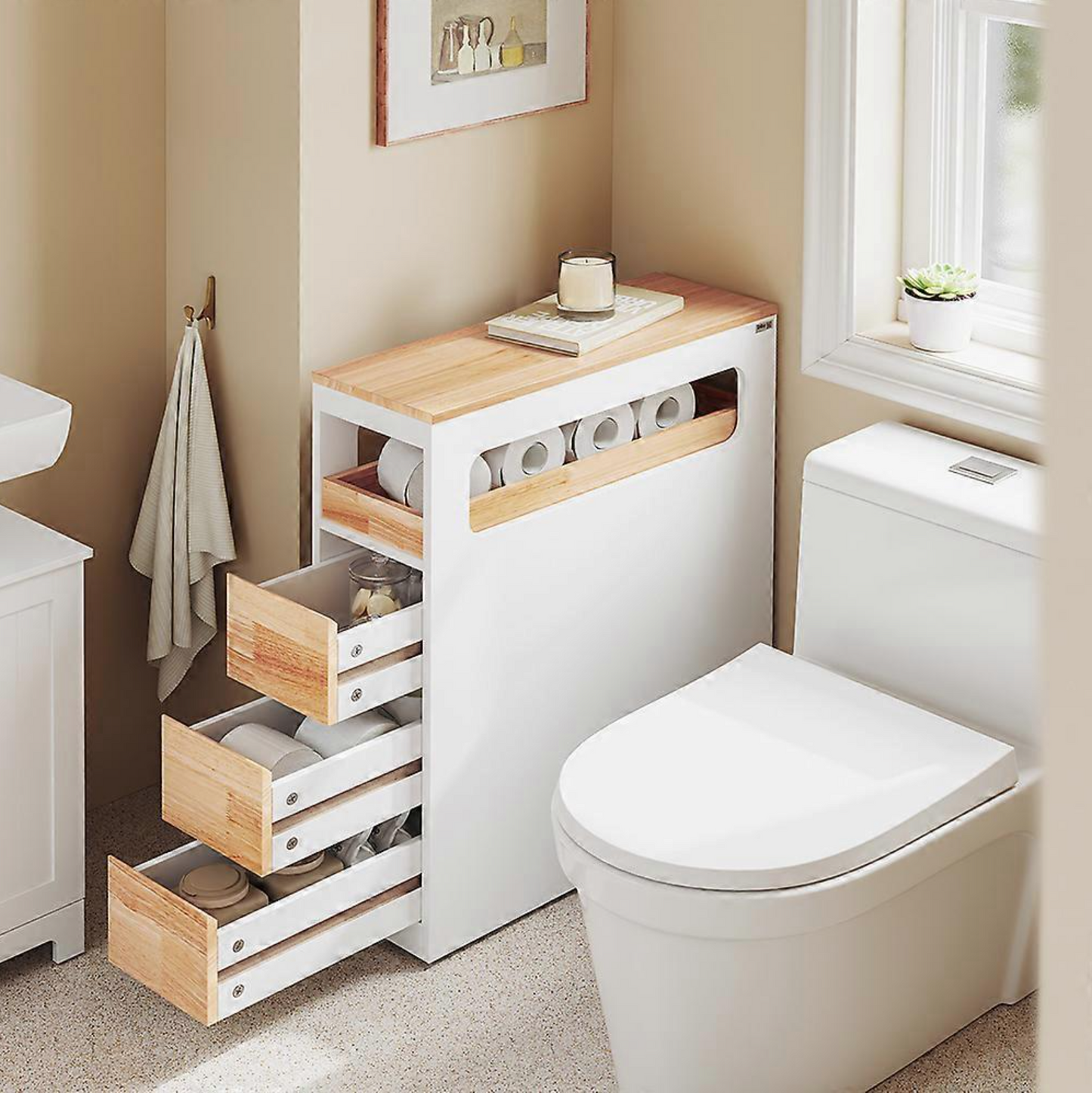 SoBuy Slim Badkamerkast – Smalle Opbergkast met 3 Lades – Ruimtebesparend – 65x23x82 cm