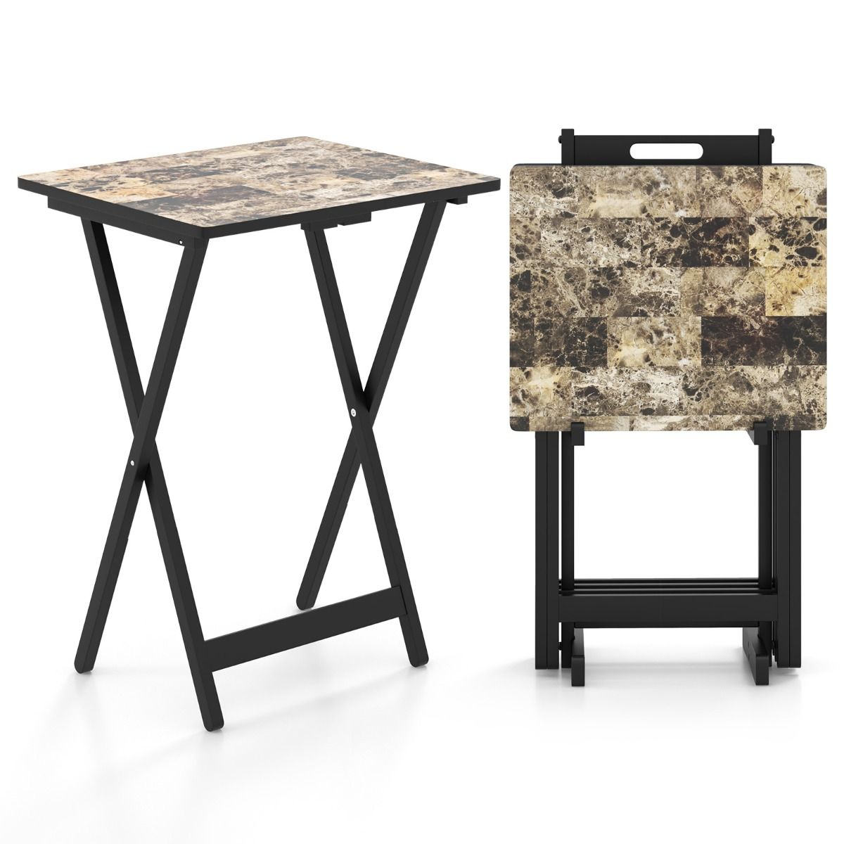Coast 4-delige Klaptafelset TV-Snacktafel - Inklapbaar, Met Opbergstandaard, Marmerlook - 48 x 40 x 67 cm - MDF/Rubberhout - Zwart