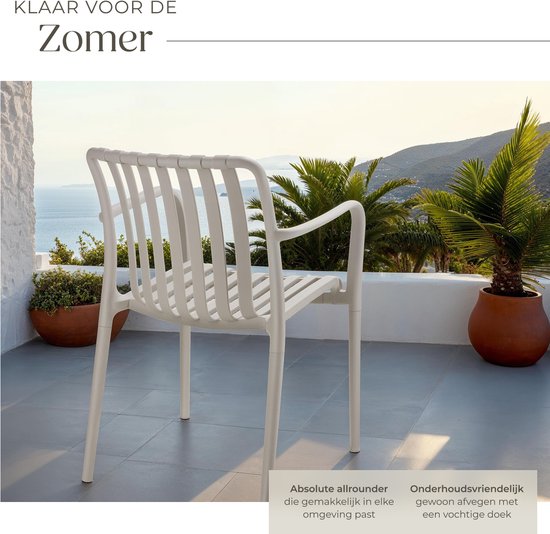tectake® Set van 4 Tuinstoelen Alcudia - Taupe - Kunststof Stoelen met Armleuning- Stapelbaar - Stoelen voor Tuin, Terras of Balkon - Weerbestendig en UV-bestendig - Draagkracht 120kg per Tuinstoel