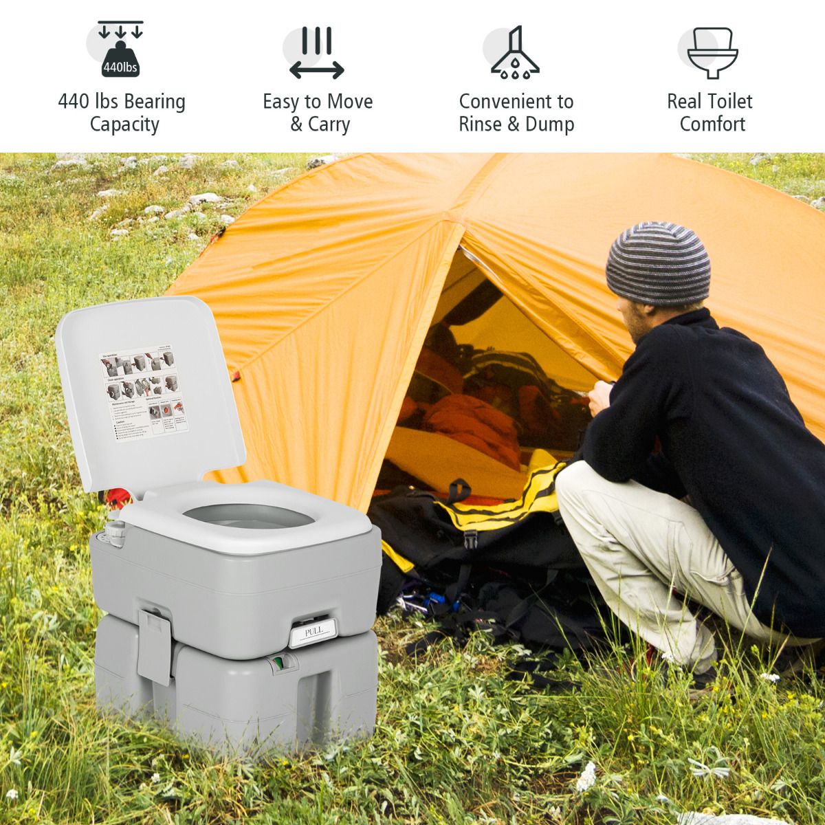 Coast Draagbaar Campingtoilet - Gescheiden tanks - 10L schoonwater, 20L afval - Grijs