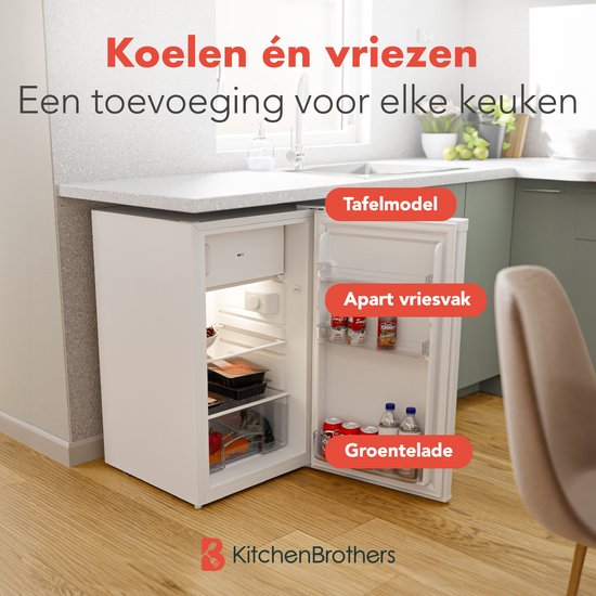 KitchenBrothers Koelkast - 88L Koelvak - 14L Vriesvak - IJskast - Koelvriescombinatie - Frigo - Vrijstaand - Wit