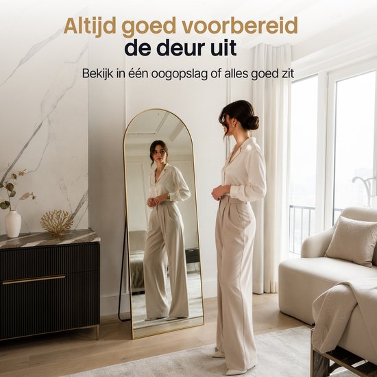 Infinity Goods Passpiegel - 160x60cm - Design Wandspiegel - Staande Spiegel Met Metalen Rand - Hangend - Kleedkamer Spiegel - Afgerond - Modern - Goud