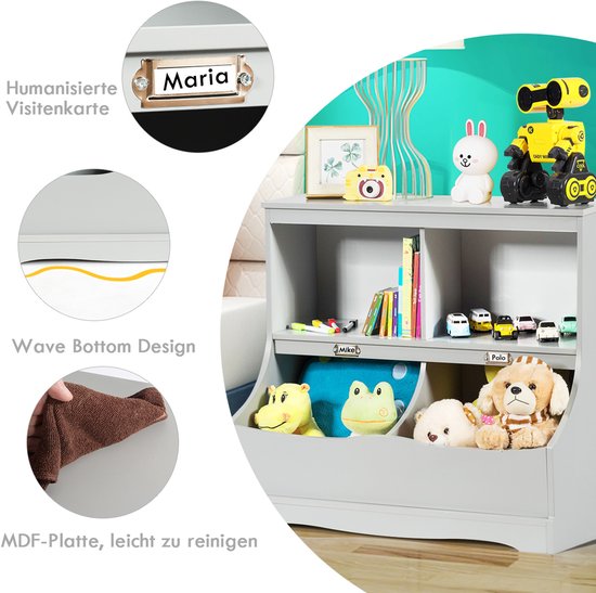 COSTWAY Kinderrek, speelgoedrek met 4 vakken, boekenrek voor kinderen, opbergrek, speelgoedorganizer voor kinderkamer en speelkamer, 67 x 40 x 62 cm, grijs