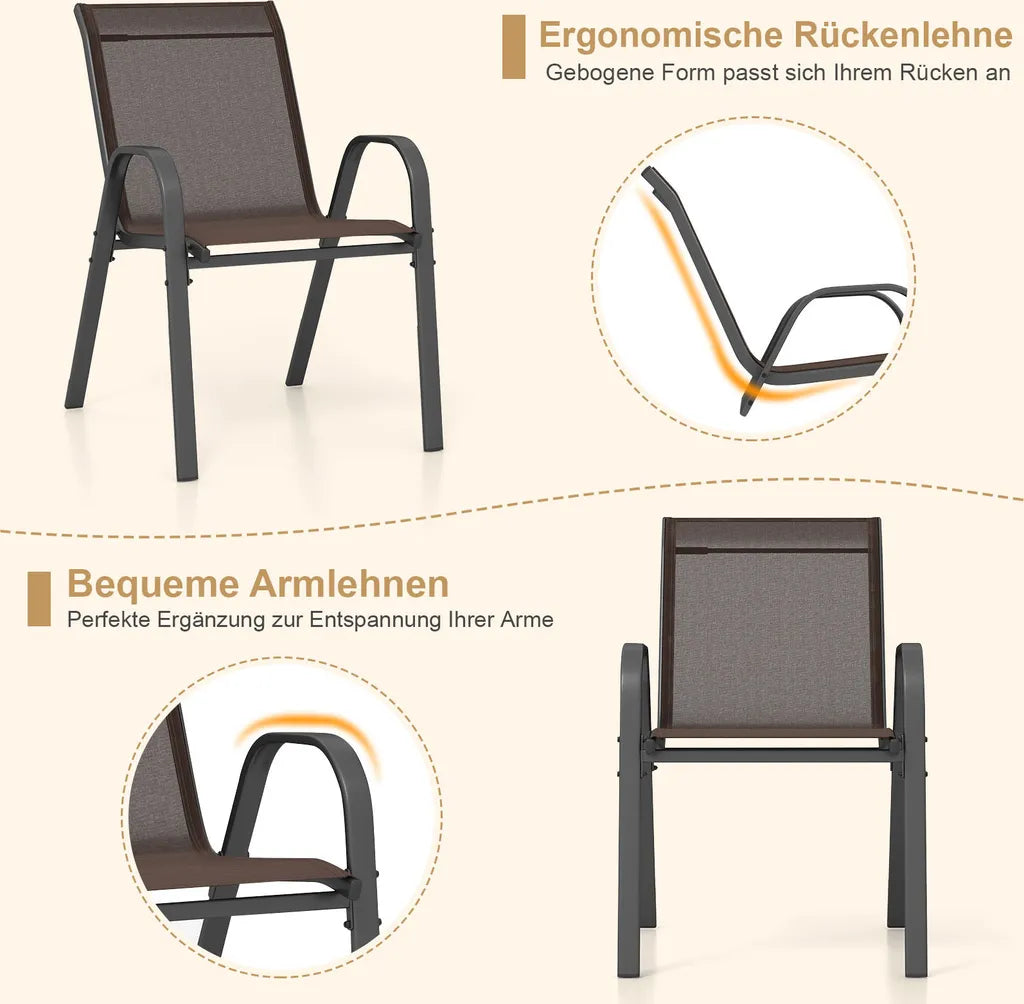 COAST Set van 4 stapelbare tuinstoelen, balkonstoelen, terrasstoelen, stapelbare stoelen met armleuningen tot 150 kg, 56 x 70 x 84 cm, bruin