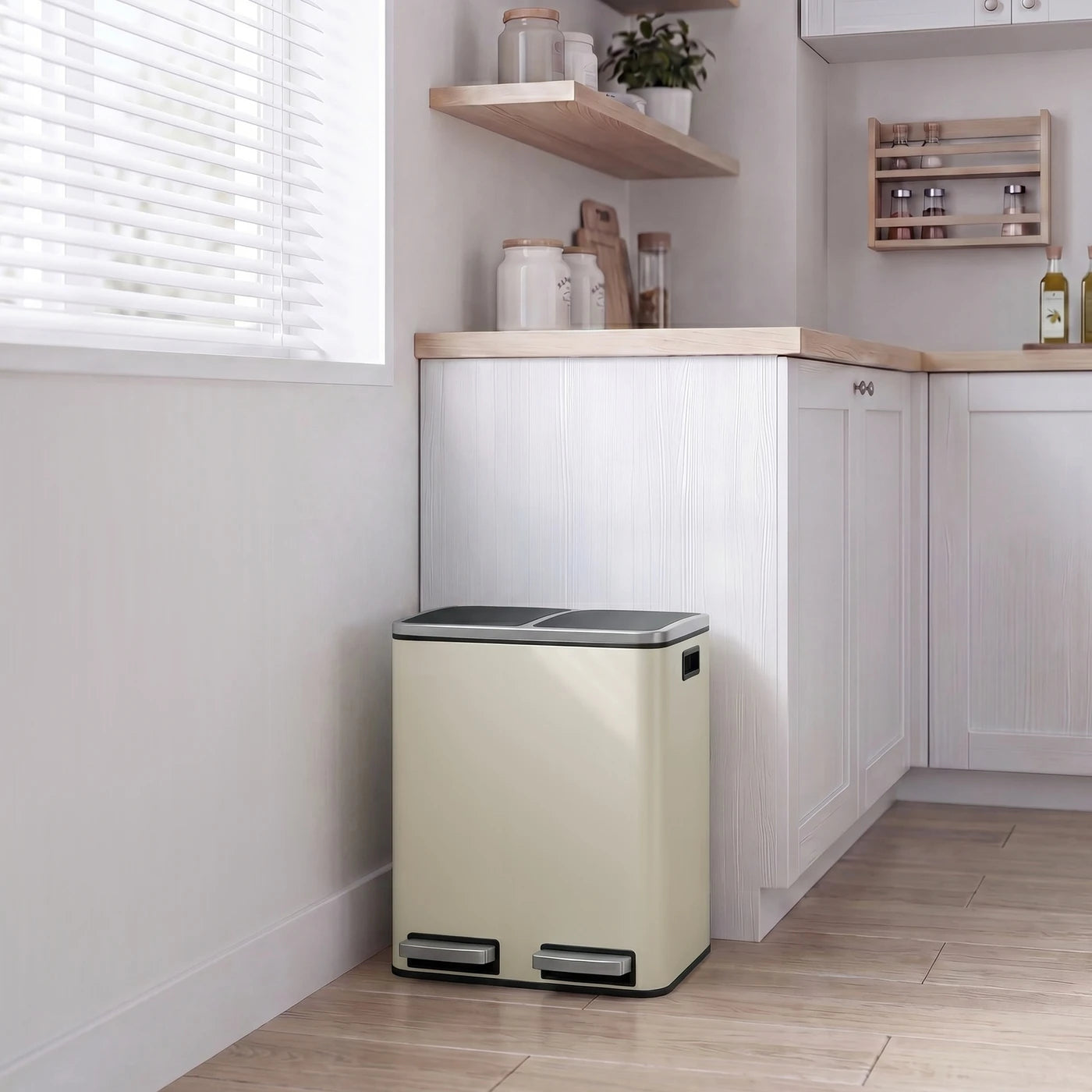 Joyfurnos Dubbele Pedaalemmer - Beige & Zwart - 2 x 15 Liter - Softclose Deksel - Staal - 41,8 x 35,9 x 44,5 cm