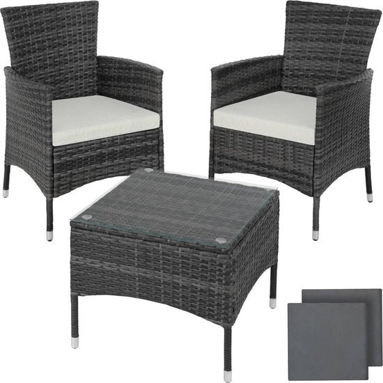tectake® - wicker meubelen tuinset met verwisselbare hoezen, 2 stoelen en tafel met glazen blad, 2x outdoor loungestoelen met armleuningen en tuintafel, tuinmeubelset, balkonmeubilair - - grijs - poly-rattan
