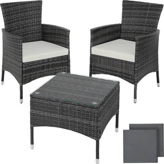 tectake® - wicker meubelen tuinset met verwisselbare hoezen, 2 stoelen en tafel met glazen blad, 2x outdoor loungestoelen met armleuningen en tuintafel, tuinmeubelset, balkonmeubilair - - grijs - poly-rattan