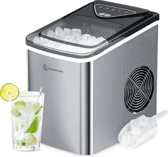 Kitchenwell IJsblokjesmaker – Voorzien Van 2L Watertank En 2 IJsblokjesopties En Rvs Behuizing – Voor Cocktails En Frisdranken – Grijs Roestvrij Staal – 12 kg per 24 Uur