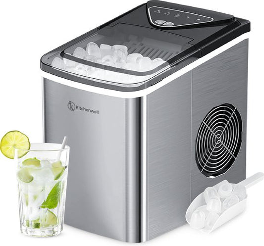 Kitchenwell IJsblokjesmaker – Voorzien Van 2L Watertank En 2 IJsblokjesopties En Rvs Behuizing – Voor Cocktails En Frisdranken – Grijs Roestvrij Staal – 12 kg per 24 Uur