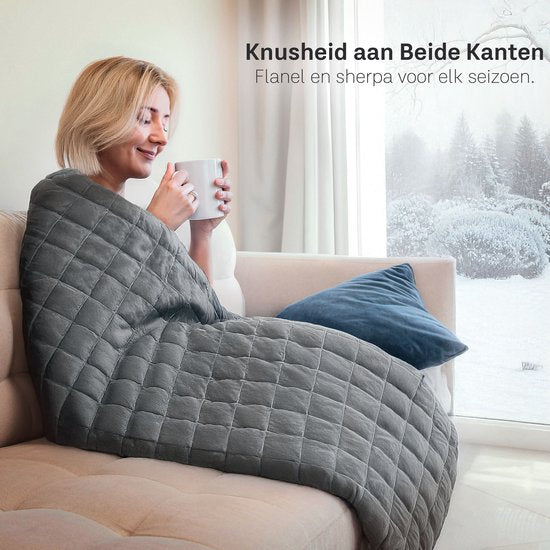 CozySense® Verzwaringsdeken 9 kg - Weighted Blanket - Zwaartedeken - GLASS-Flow® Drukverdeling - 135x200 - Flanelfluweel & Sherpa - Hypoallergeen - Grijs