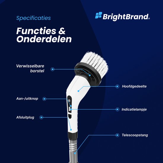 Brightbrand PowerScrub Pro - Elektrische schoonmaakborstel - Schrobborstel - Voor Badkamer en Keuken - Reiniger - Schrobber Met Steel – Luiwagen – Polijstmachine - poetsmachine met 10 opzetstukken