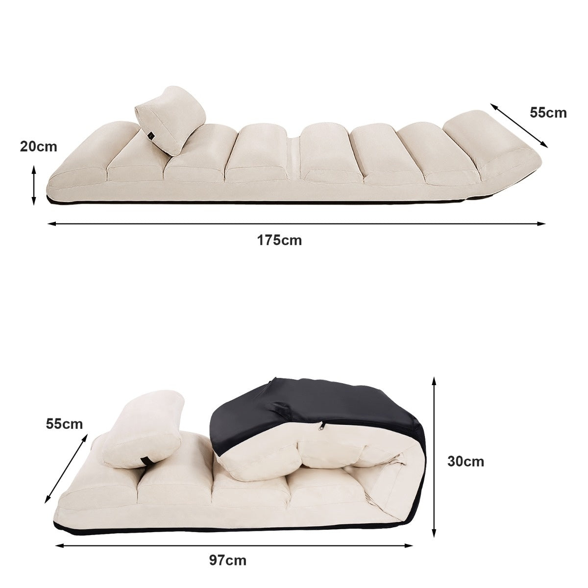 Coast vloerstoel 5-weg verstelbare suede kussenstoel 175 x 55 x 20 cm beige