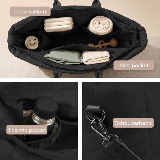 Mommsy Luiertas – Verzorgingstas – Mom Bag – Thermo Vak – Gewatteerde Puffer Stof – Mommy Bag – Extra Ruim – Waterafstotend – Organizer – Lichtgewicht – Zwart