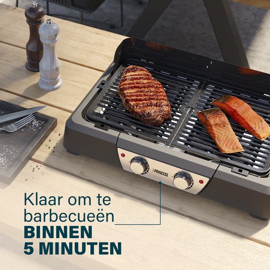 Princess BBQ Tafel Grill 112254 - Zwart - Regelbare thermostaat - Tafel BBQ - Grill apparaat - Groot bakoppervlak - 2000W