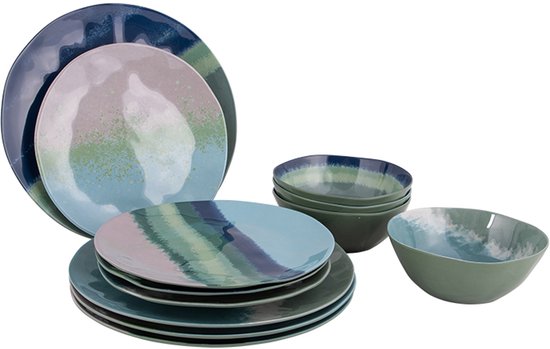 Bo-Camp - Servies - Halo - Blauw/Groen - 12 Stuks