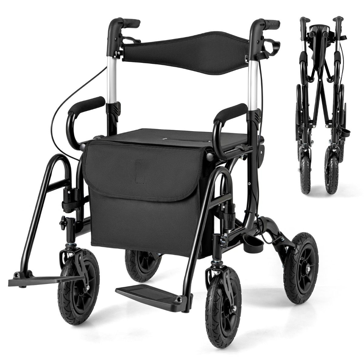 Coast 2-in-1 rollator en rolstoel - luchtbanden - 6-voudig in hoogte verstelbaar - zwart