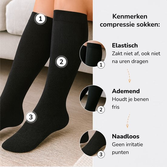 Alyze Compressie kousen - 2 paar - maat 39-42 - Steunkousen - Compressie sokken voor Hardlopen, Wandelen, Vliegtuig - Zwart