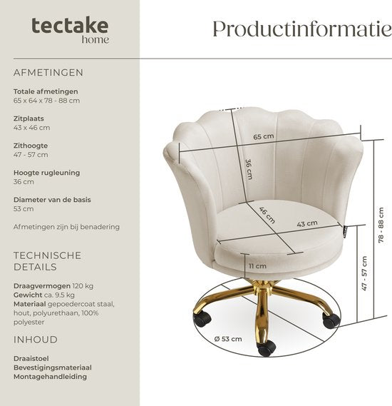 tectake® Bureaustoel - In hoogte verstelbaar draaifauteuil met fluwelen bekleding - Ergonomische schelpvorm - Stoel met wielen - Eetkamerstoel op wieltjes - 360° draaibaar - Bureau Stoel - Wit