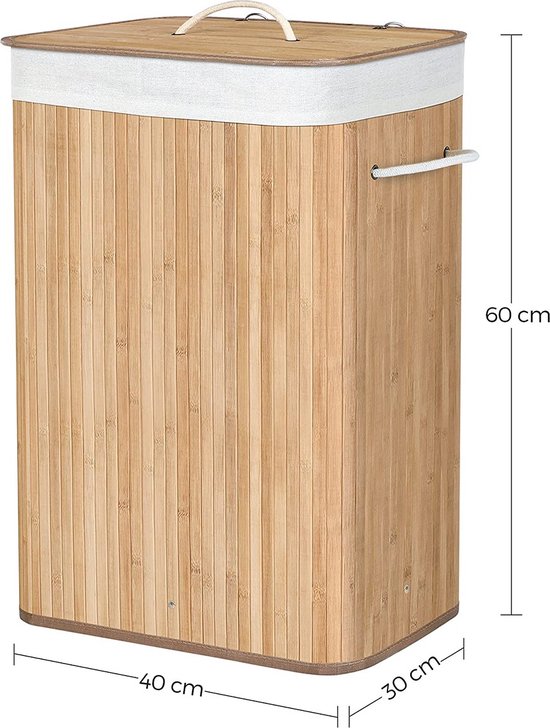 Songmics XL 72 Liter - Grote opvouwbare wasmand - bamboe - wasbare voering - 40 x 30 x 60 cm