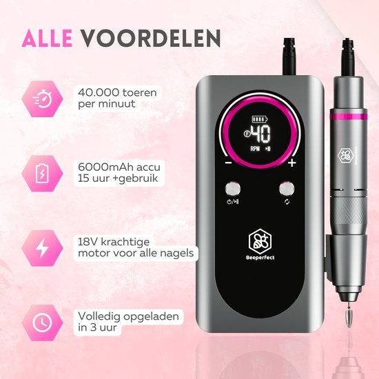 Beeperfect® Elektrische Nagelvijl Pocket Edition - Nagelfrees - Manicure en pedicure set - Draadloos - 6000MaH Accu - Inclusief 26 bitjes 60 schuurrolletjes en 5 accessoires - 40.000RPM