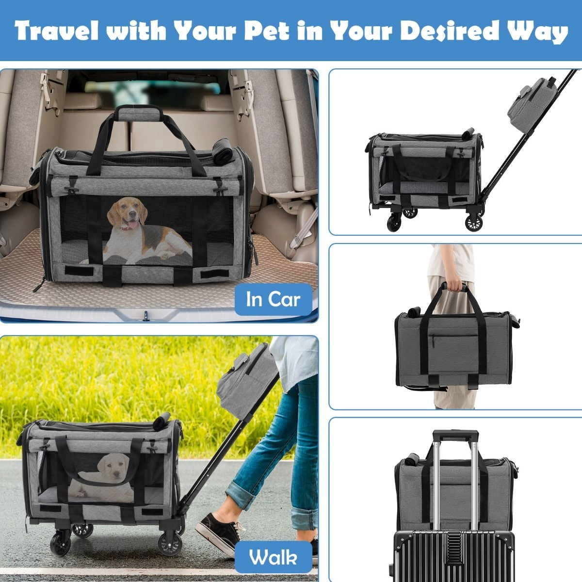 Coast transportbox - kat - hond - draagbaar - met wielen - inklapbaar - telescoophandgreep - kleine en middelgrote huisdieren - grijs