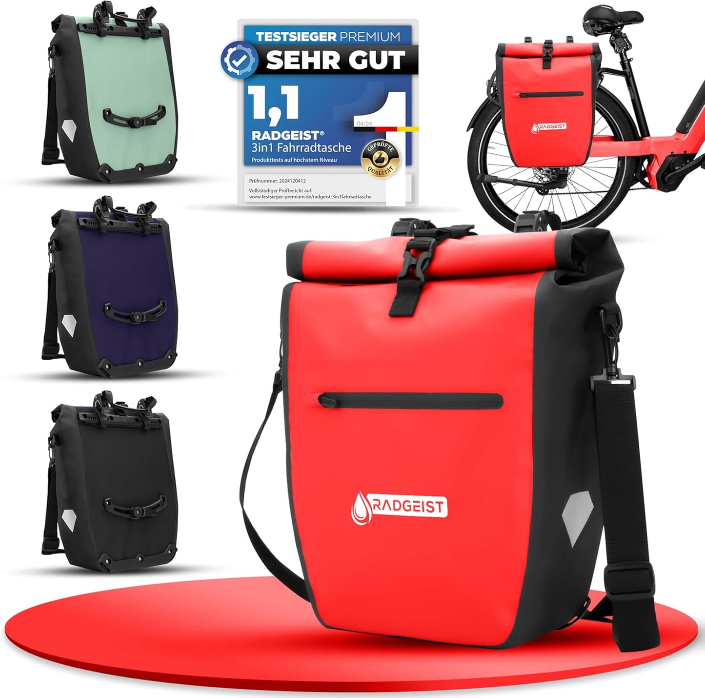 RADGEIST fietstas voor bagagedrager I 100% waterdichte fietstas & schoudertas 20L I zijtas fiets met reflectoren set (rood)