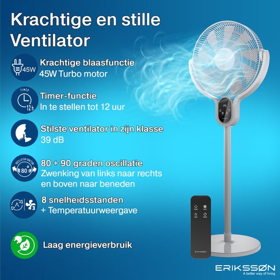 Erikssøn Statiefventilator - Stil En Krachtig 45W - 8 Snelheden - Verstelbaar - Staande Venitlator - Grijs