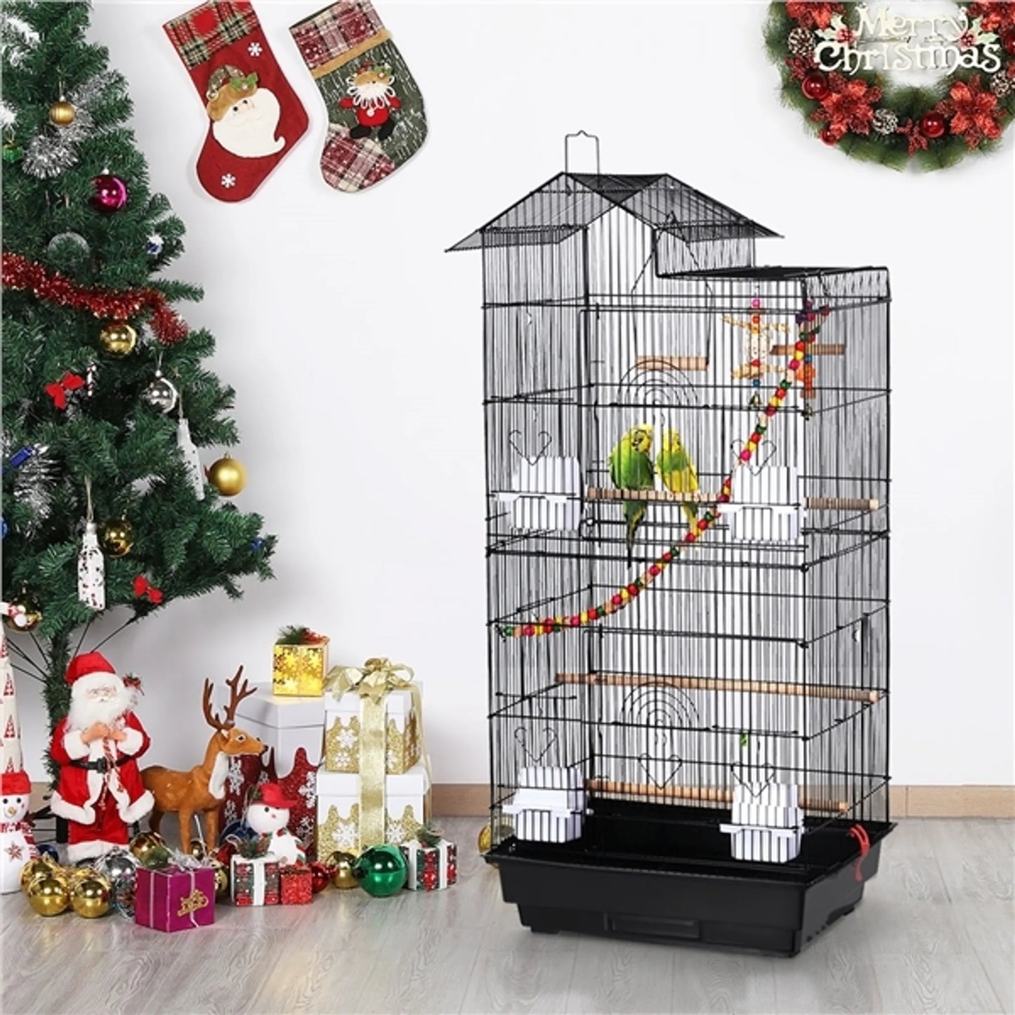 Yaheetech Vogelkooi Met Speeltuin – 46 x 35,5 x 99 cm – Voorzien Van Uitneembare Bodemplaat En Draadsloten En Complete Accessoireset – Voor Parkieten En Kanaries – Zwart Metaal En Hout