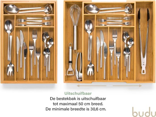 Budu Uitschuifbare Bamboe Bestekbak (45 cm diep) - Besteklade Hout- 45 x 30,6 - 50 cm - 6/8 vakken