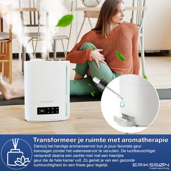 Erikssøn Luchtbevochtiger Hydra Comfort - 6 Liter - Geschikt voor Woonkamer, Kantoor, Slaapkamer, Babykamer - Met Aromatherapie - Wit