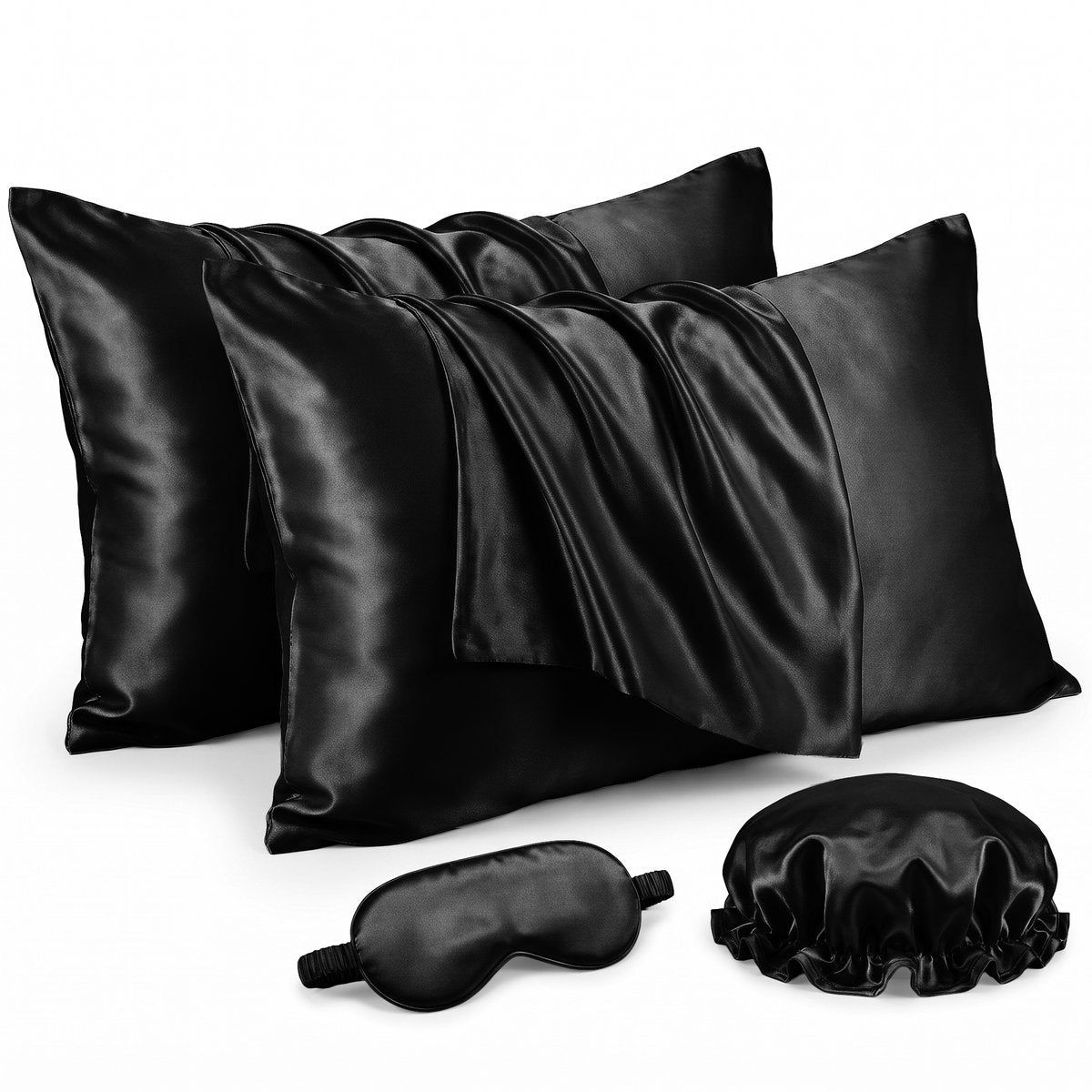 Soft & Silky Satijnen Set - 2 Kussenslopen 60 x 70 cm met Bonnet en Slaapmasker - Zwart