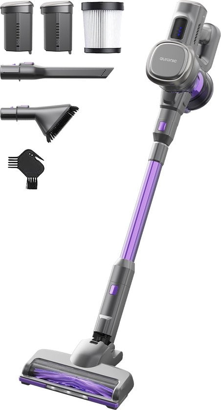 Auronic Steelstofzuiger - Draadloos - Zonder Zak - Op Accu - Zelfstaand - 220W - Extra Batterij - Vacuum Cleaner - Grijs/Paars