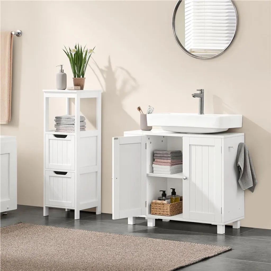 Yaheetech Wastafelonderkast 75 x 30 x 62 cm – Wit – Met 4 Vakken, Open Planken en Handdoekhouder