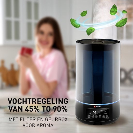 Alpina Luchtbevochtiger - 4.3L - Humidifier - met Timer - Incl. Afstandsbediening - Zwart