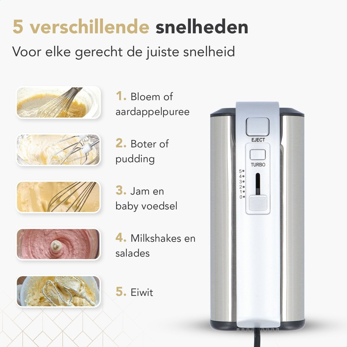 Rochester handmixer met mengkom - Keukenmachine - 5 Snelheden - Mixer Turbo - Incl. Kloppers, Deeghaken - RVS