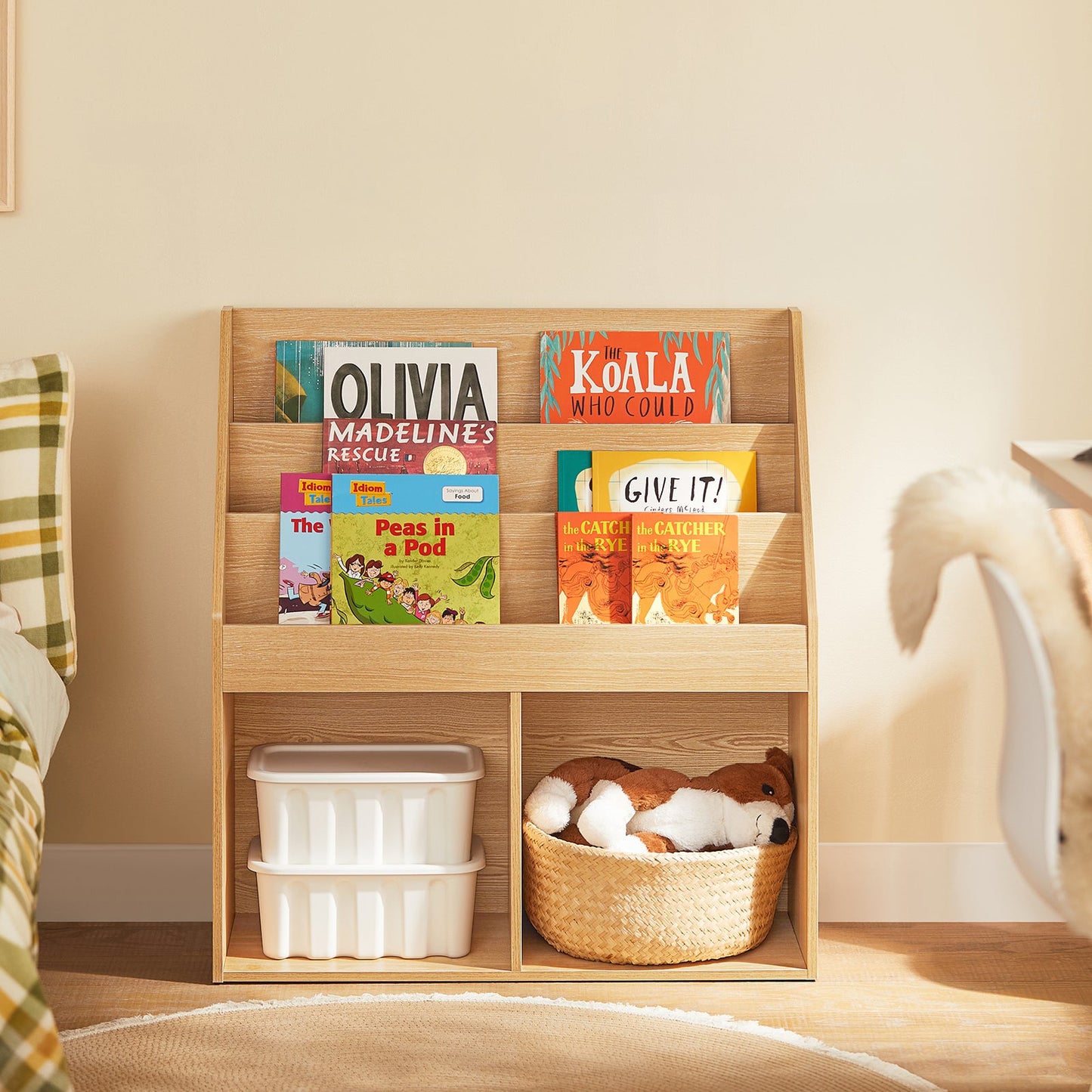 SoBuy KMB01-N Kinderboekenkast hout - 73x30x80 cm – 3 Planken en 2 Open Vakken