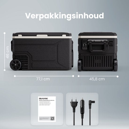 Auronic Elektrische Koelbox - Compressor - 64L - 12V en 240 volt - Camping Koelkast - Frigobox Auto - Met Wielen en Hendel - Zwart