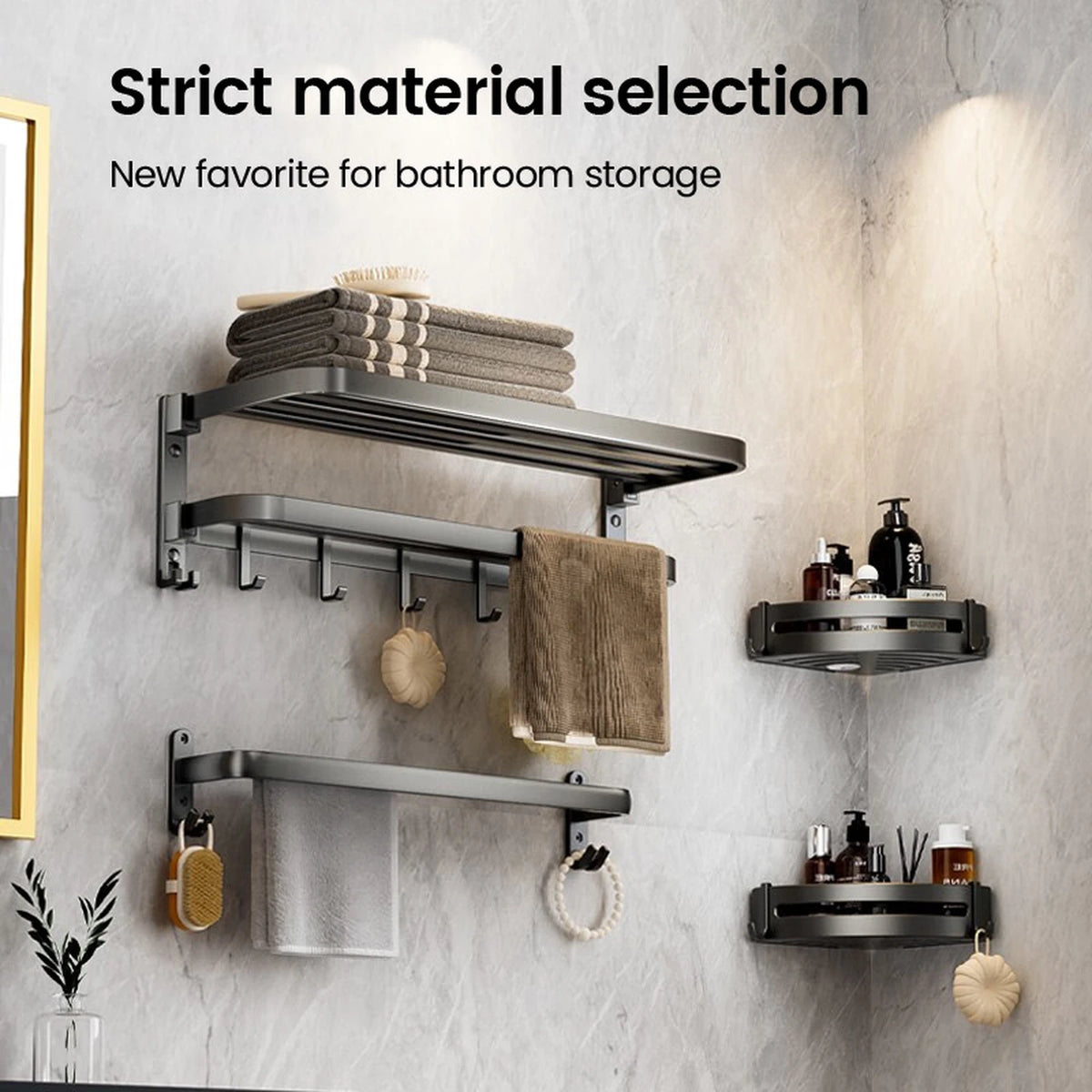 J.ZAO No Drill Bathroom Set - Towel Rack & Caddy - 3-Piece Set - Nail-free Glue Installation Three Piece Set