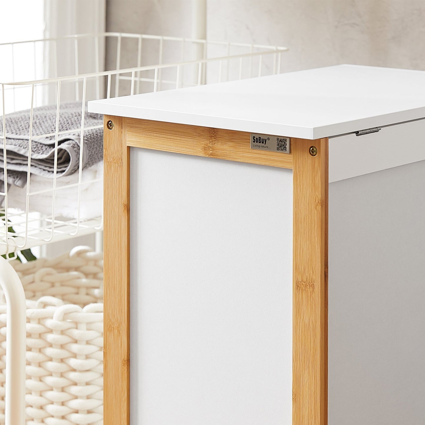 SoBuy Wasmand - met deksel - 69 x 13 x 54 cm - Wit