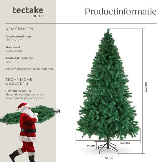 tectake® Kunstkerstboom - Dichte Kunstkerstboom met Flexibele Buigbare Dennentakken en Stalen Boomstandaard - 230 cm, 1346 Naalden - Groen, Ideaal voor Kerstversiering