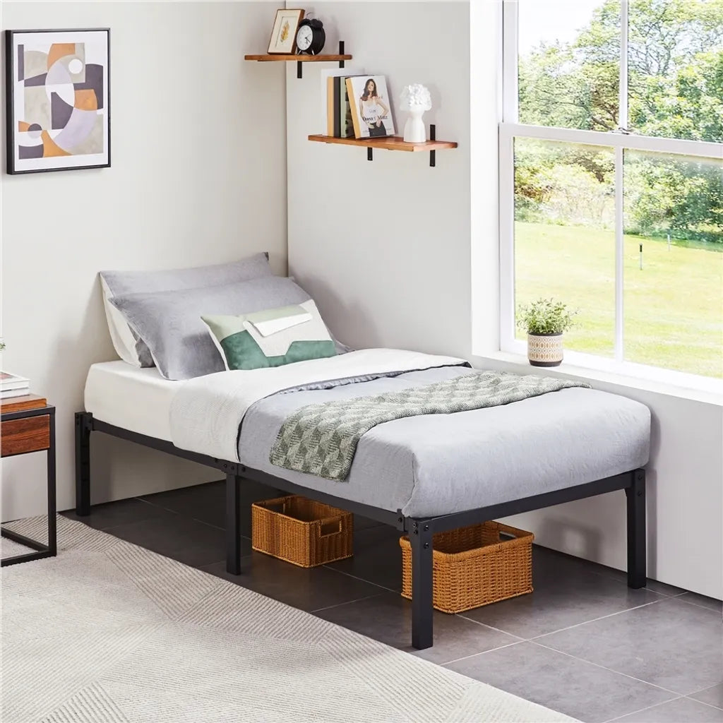 Yaheetech Metalen Bedframe - 90x200 cm - Zwart - Staal - Lattenbodem - Opbergruimte - Stil